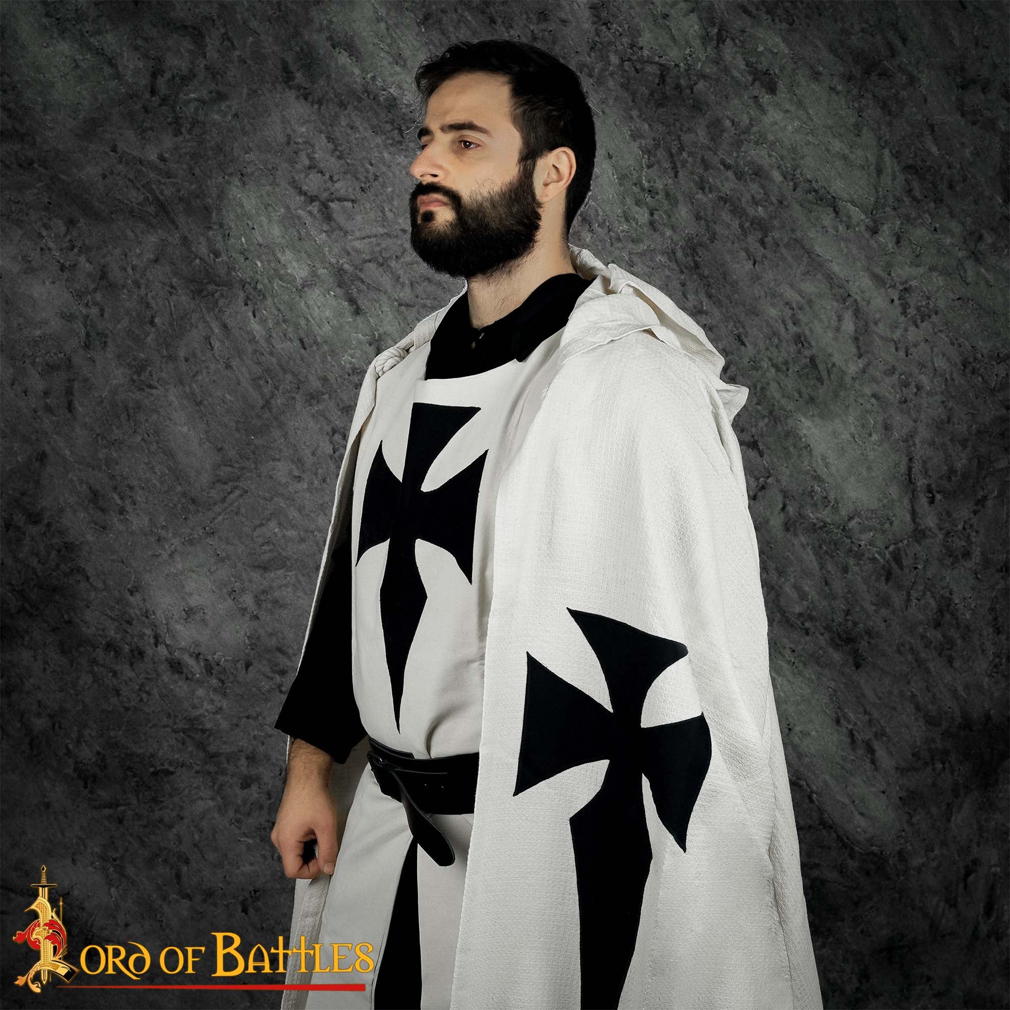 Capa de Caballero Templario con Capucha del Siglo Xiii - Capa de Cruzado de Algodón con Cruz Negra