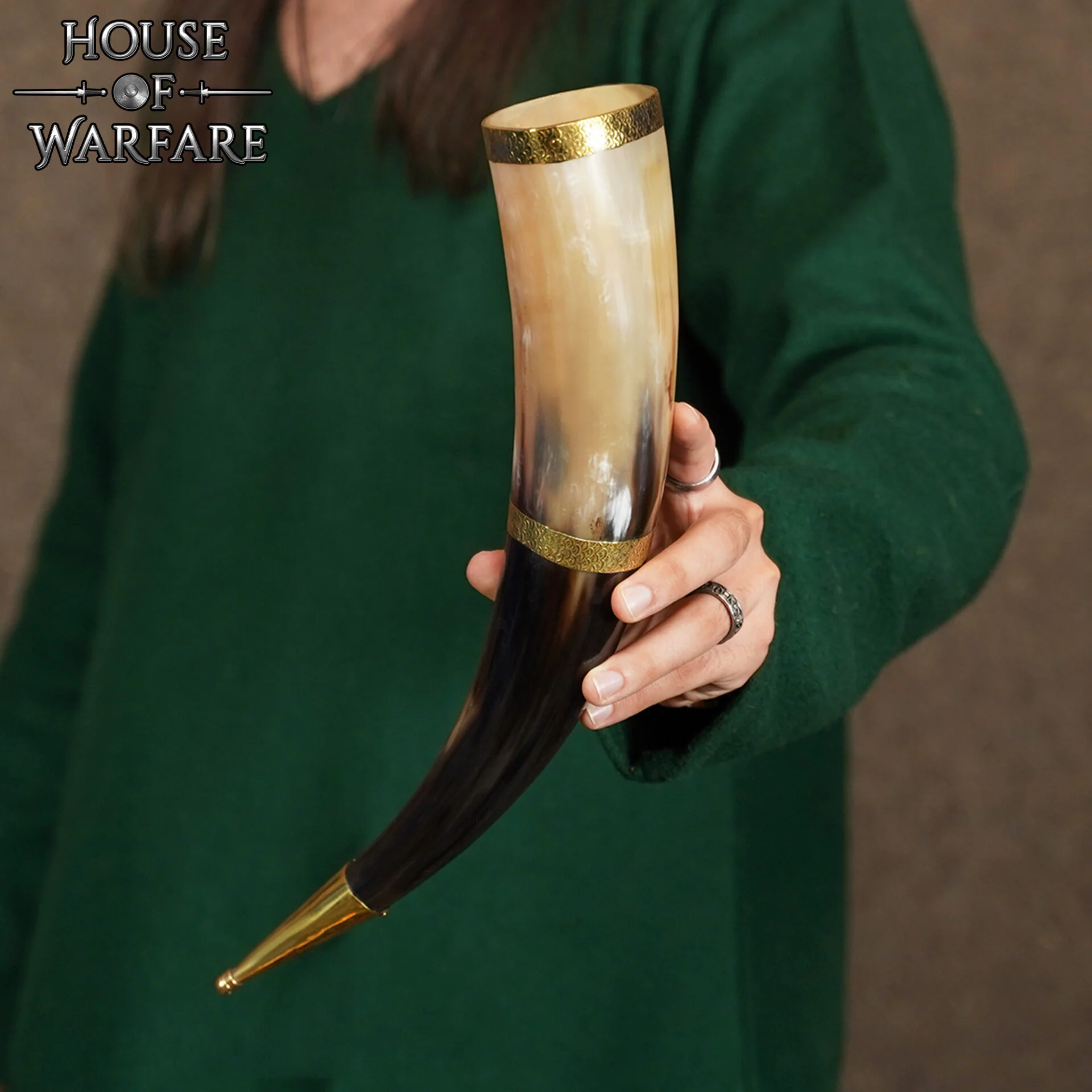 Cuerno Medieval Vikingo para Beber con Adornos de Latón - Larp, Temas Vikingos