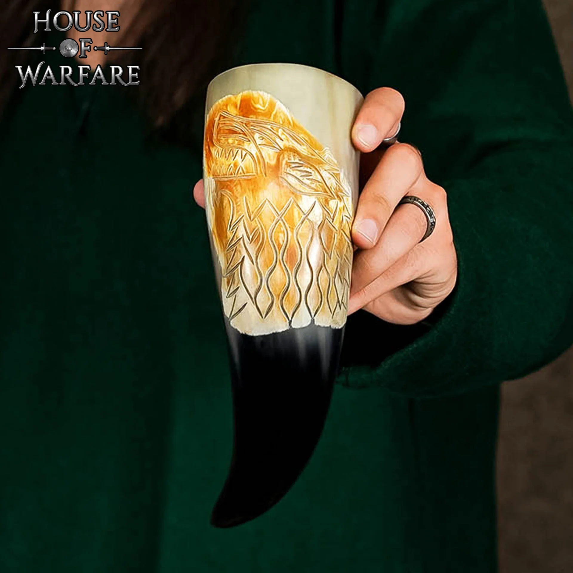 Cuerno para Beber Vikingo Auténtico Fenrir Wolf - Cuerno de Buey Pulido Grabado a Mano - Inspiración Nórdica