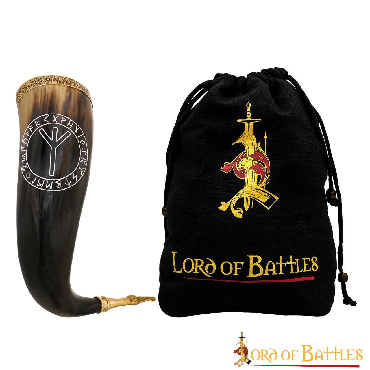 Cuerno Vikingo con Runa Algiz - Borde y Punta de Latón - Image 14