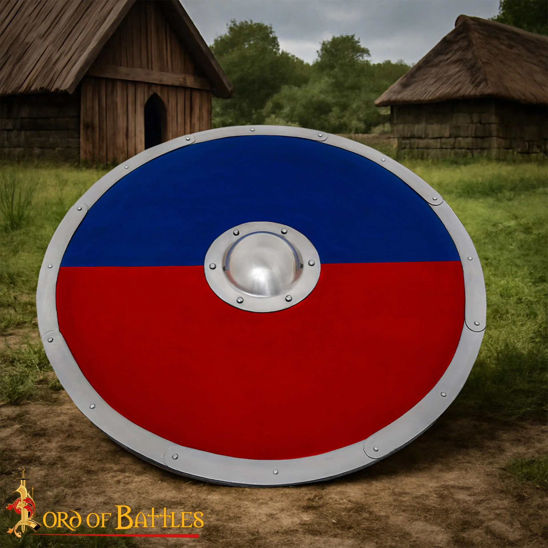 Escudo Redondo Vikingo 30" - Escudo Artesanal de Madera con Jefe de Acero - Pintura de Guerra Roja y Azul - Image 6
