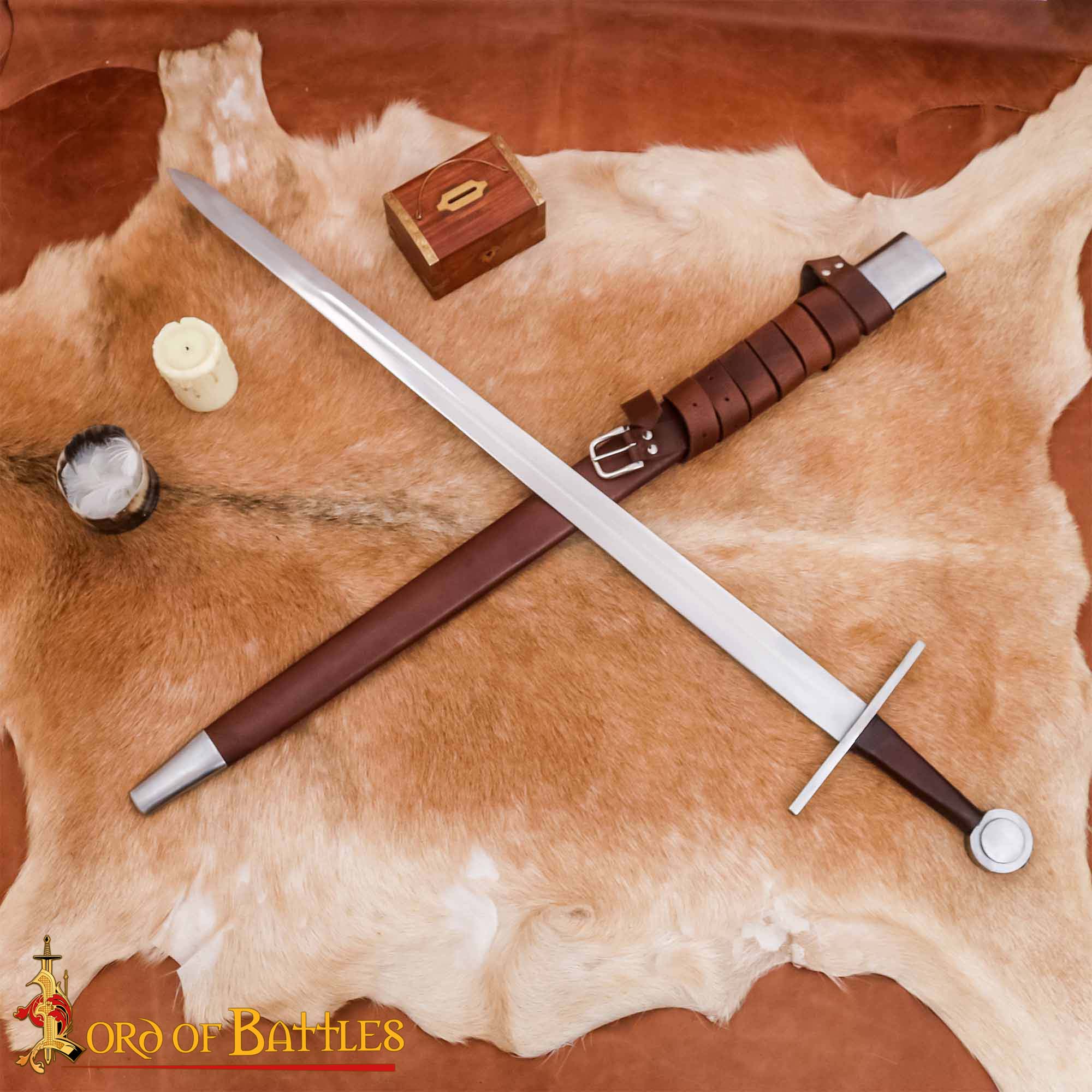 Espada Medieval Normanda Forjada a Mano Tradicionalmente con Pomo de Rueda - Hoja Funcional con Vaina de Cuero