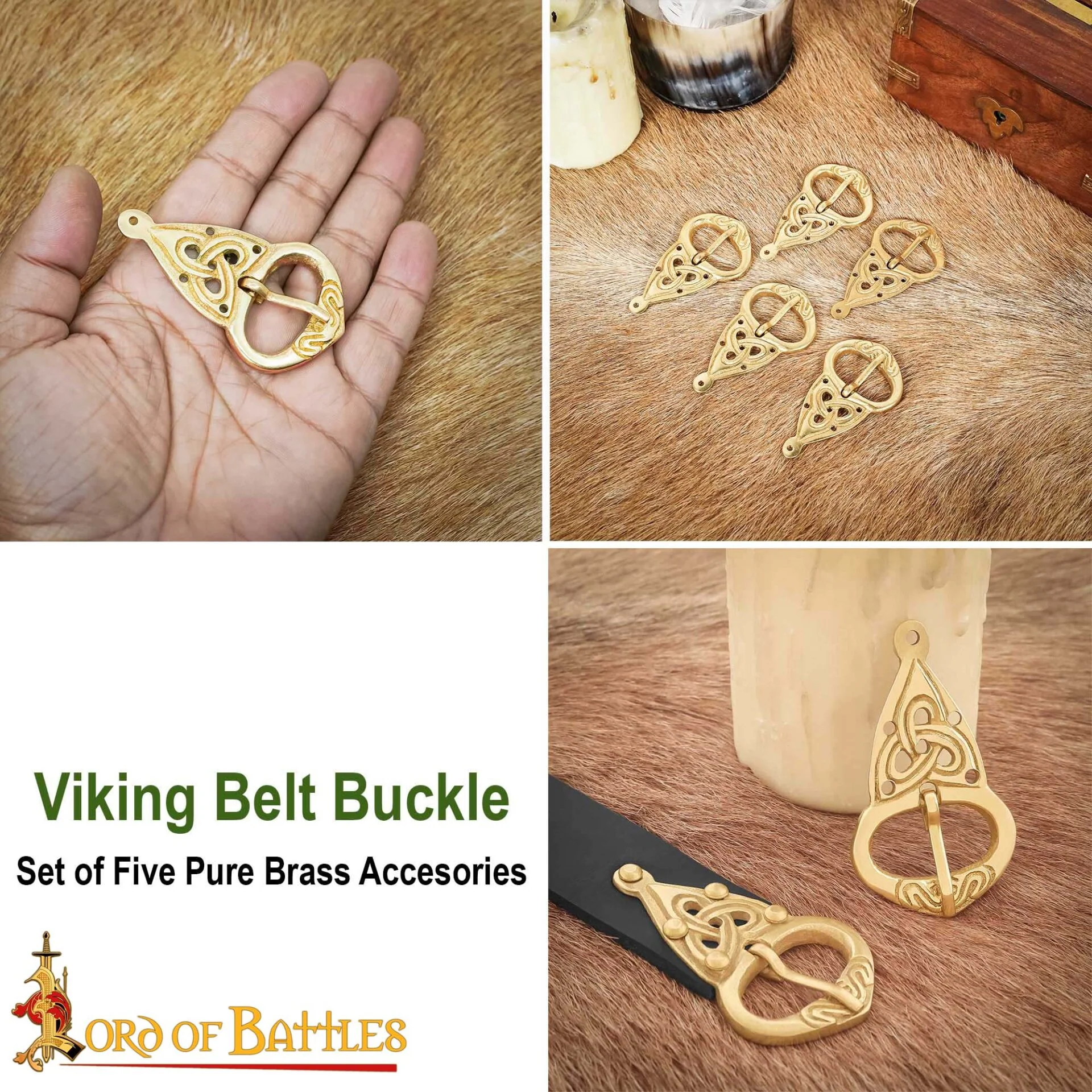 Hebilla de Cinturón Vikinga con Placa Posterior Nudos Celtas Latón Puro Juego de 5 - Image 8