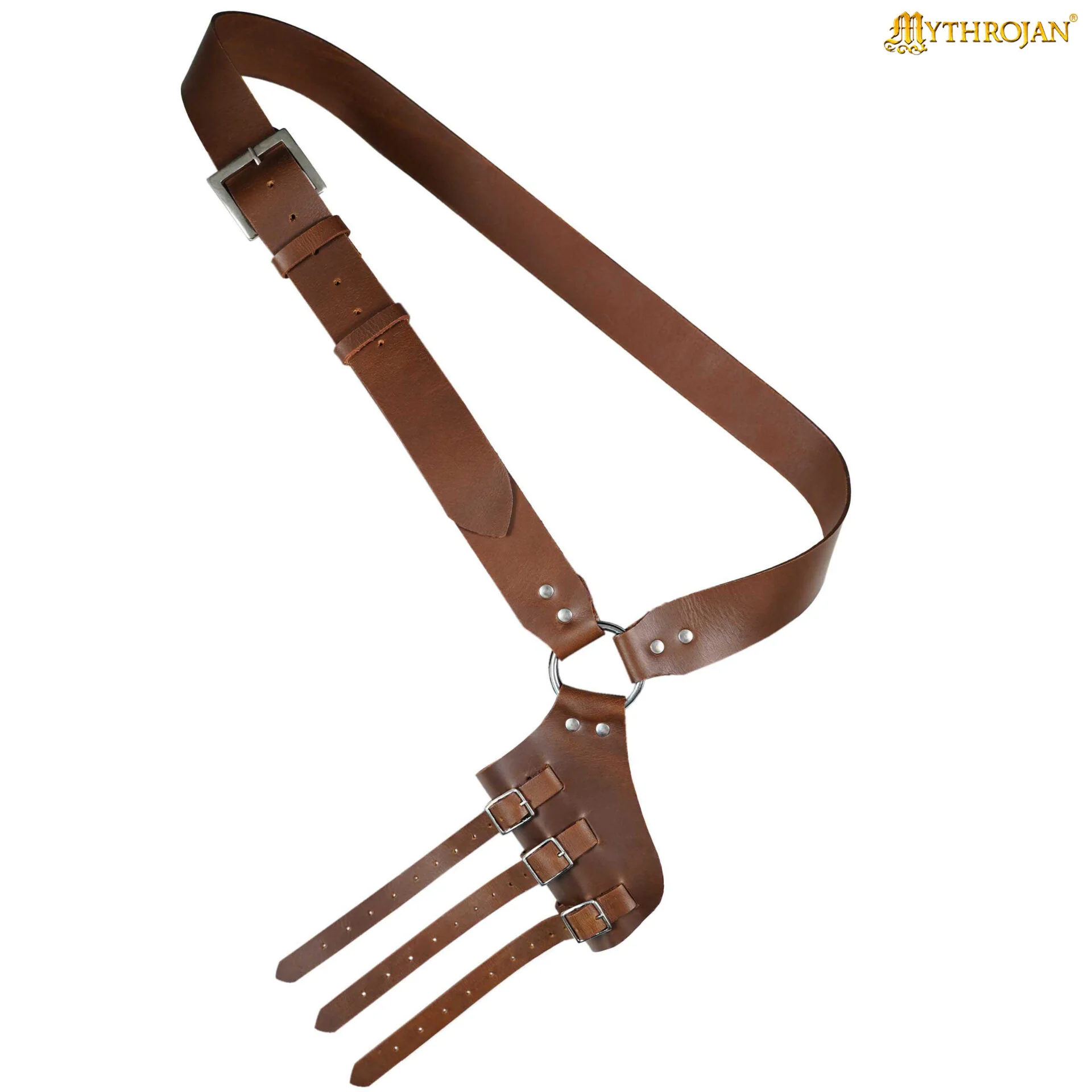 Mythrojan Baldric Cinturón de Espada de Cuero Funda Daga Medieval - Mano Derecha Marrón