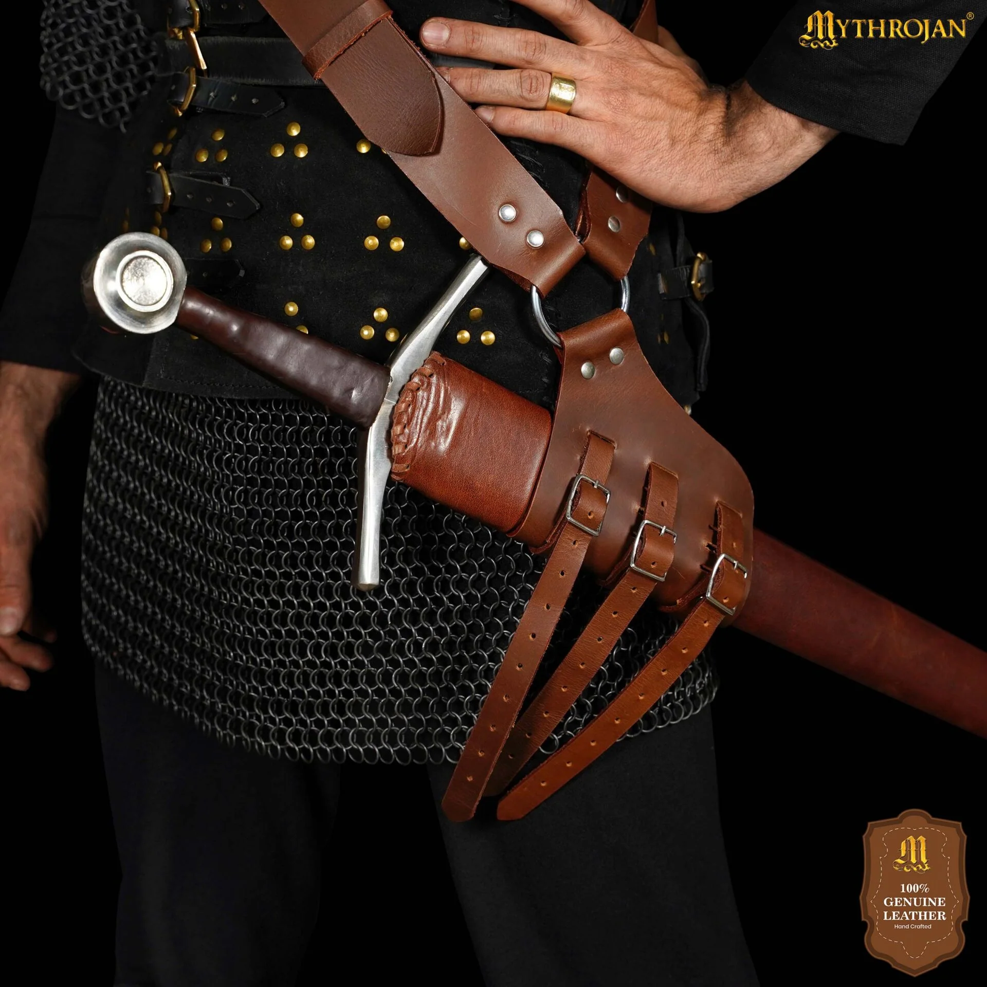 Mythrojan Baldric Cinturón de Espada de Cuero Funda Daga Medieval - Mano Derecha Marrón - Image 5