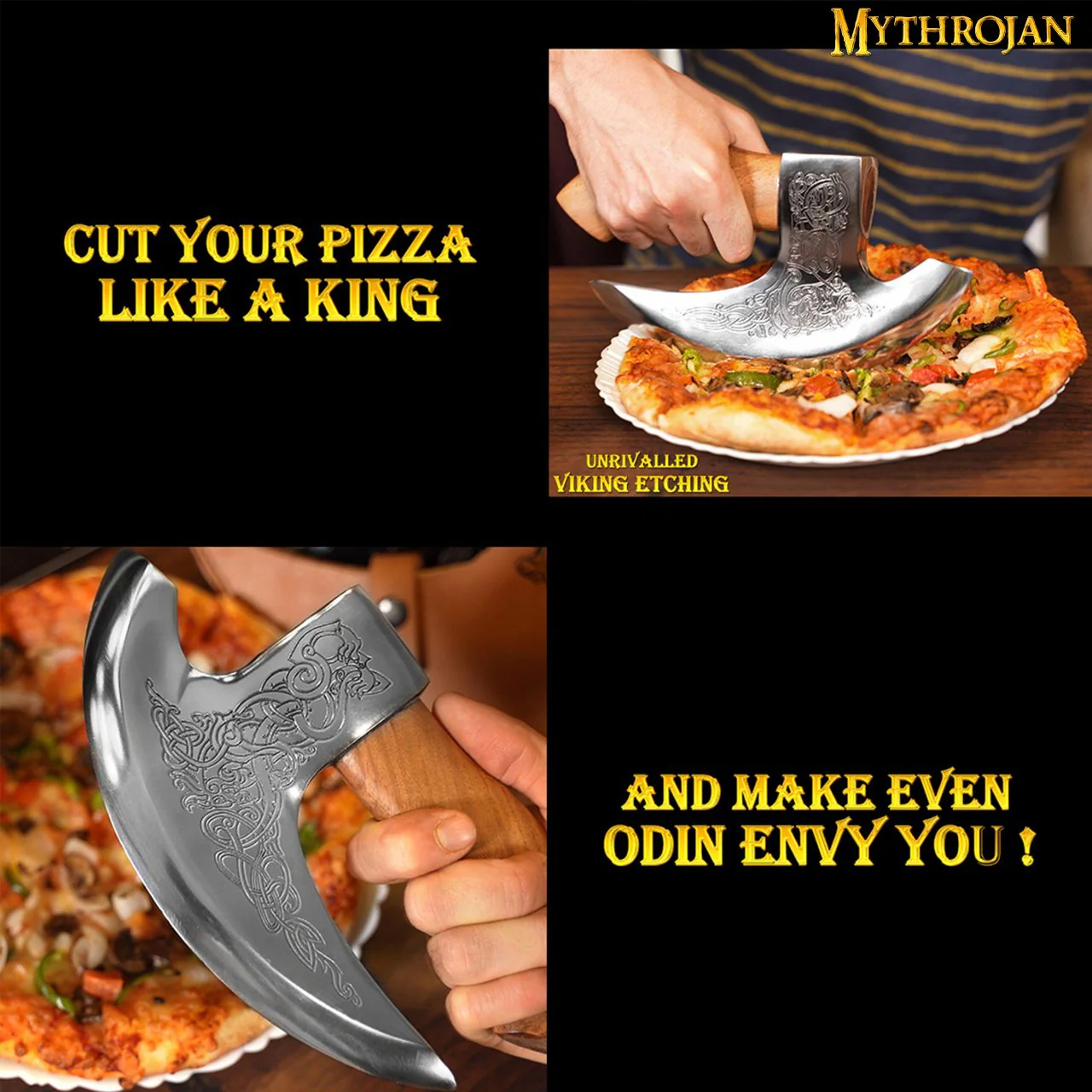 Mythrojan Hacha Vikinga para Pizza - Cortador de Pizza de Acero Inoxidable Forjado a Mano con Mango de Acacia Maciza y Funda de Cuero - Grabado Celta - Caja de Regalo - Image 21