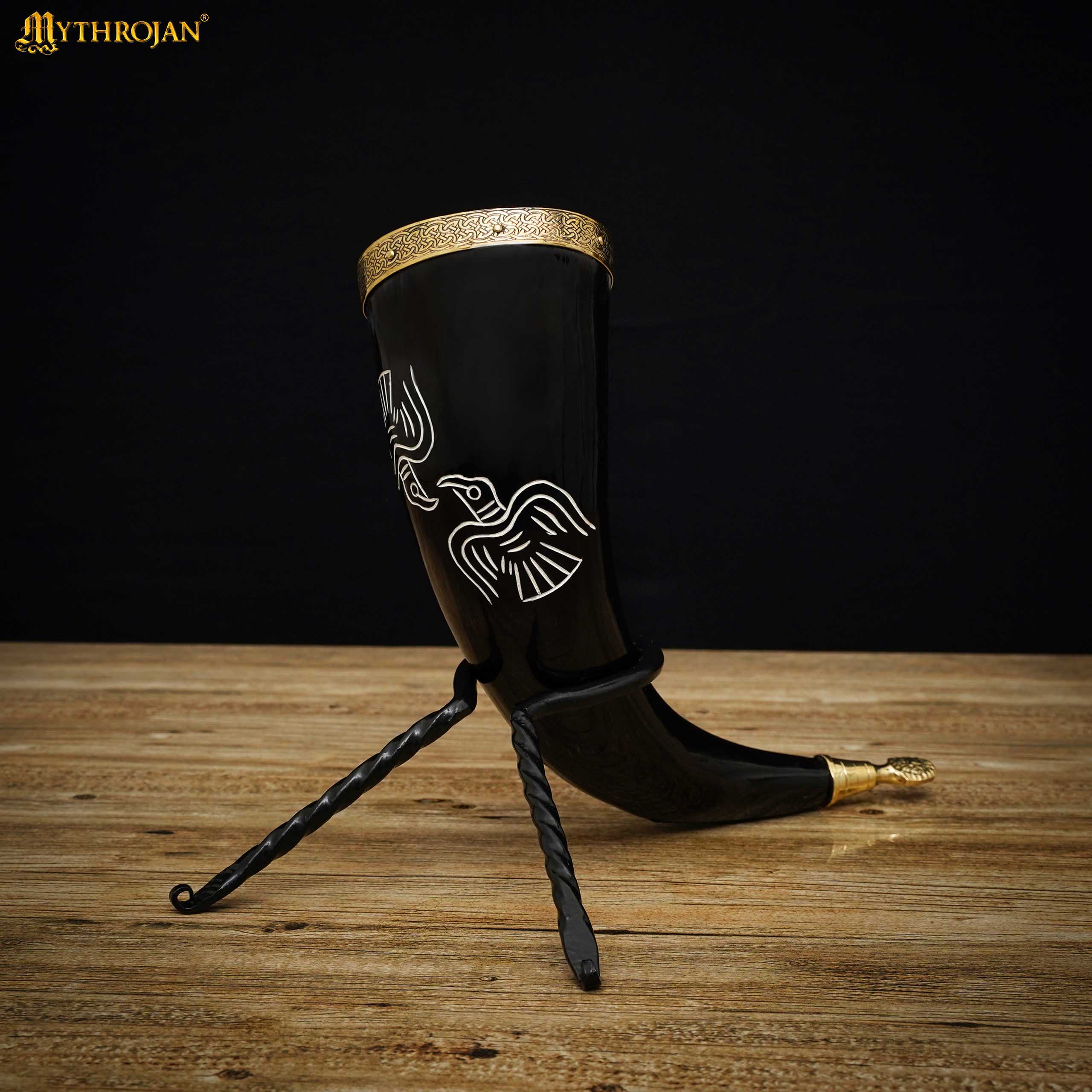 Mythrojan The Bird Of Prey Viking Drinking Horn 350 Ml con Soporte de Cuero Negro Auténtica Jarra de Vino/cerveza Vikinga de Inspiración Medieval - Acabado Pulido - Image 2