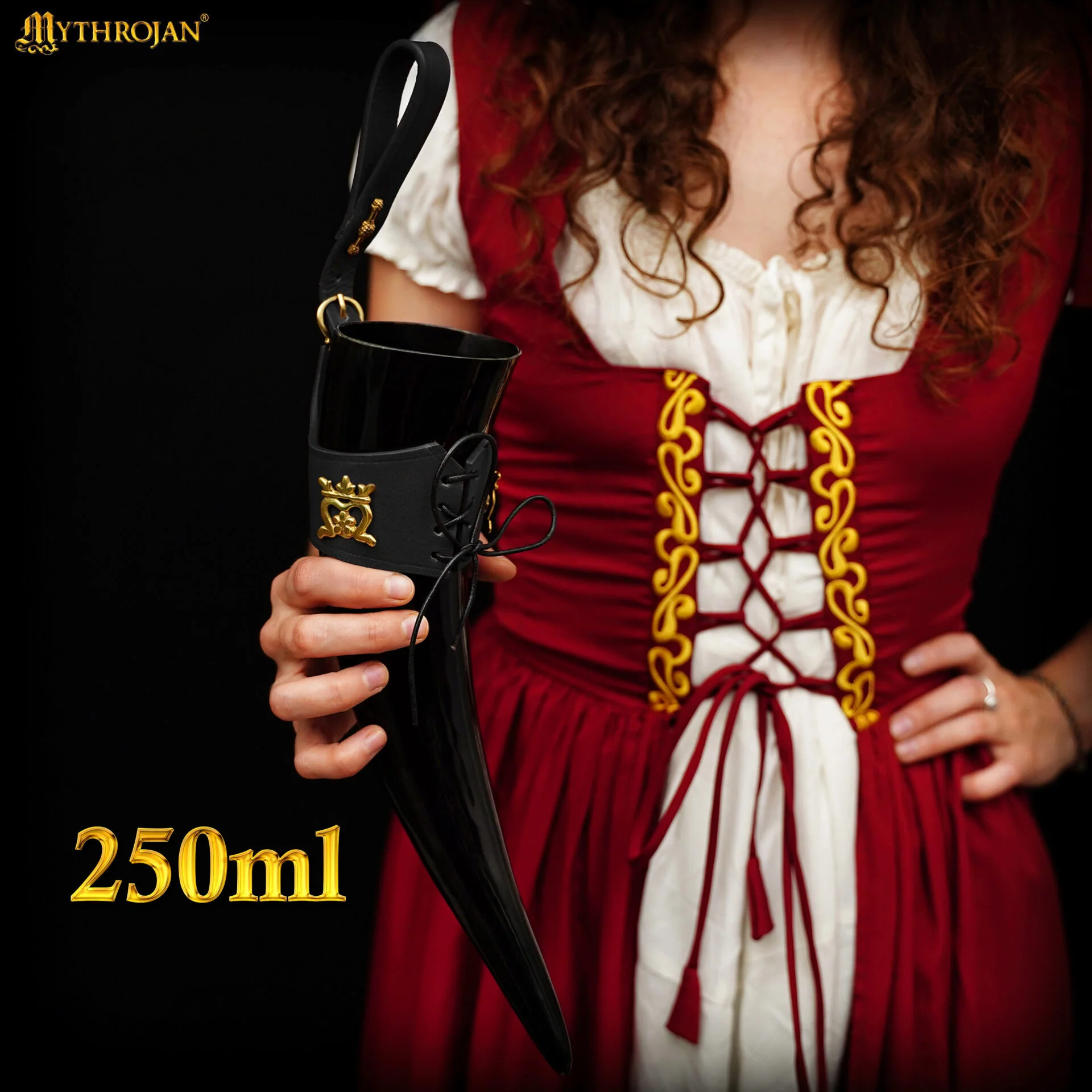 Mythrojan The Elegant Lady Cuerno Vikingo para Beber con Soporte de Cuero Negro Auténtica Taza Vikinga Inspirada en la Edad Media - Acabado Pulido - Image 4