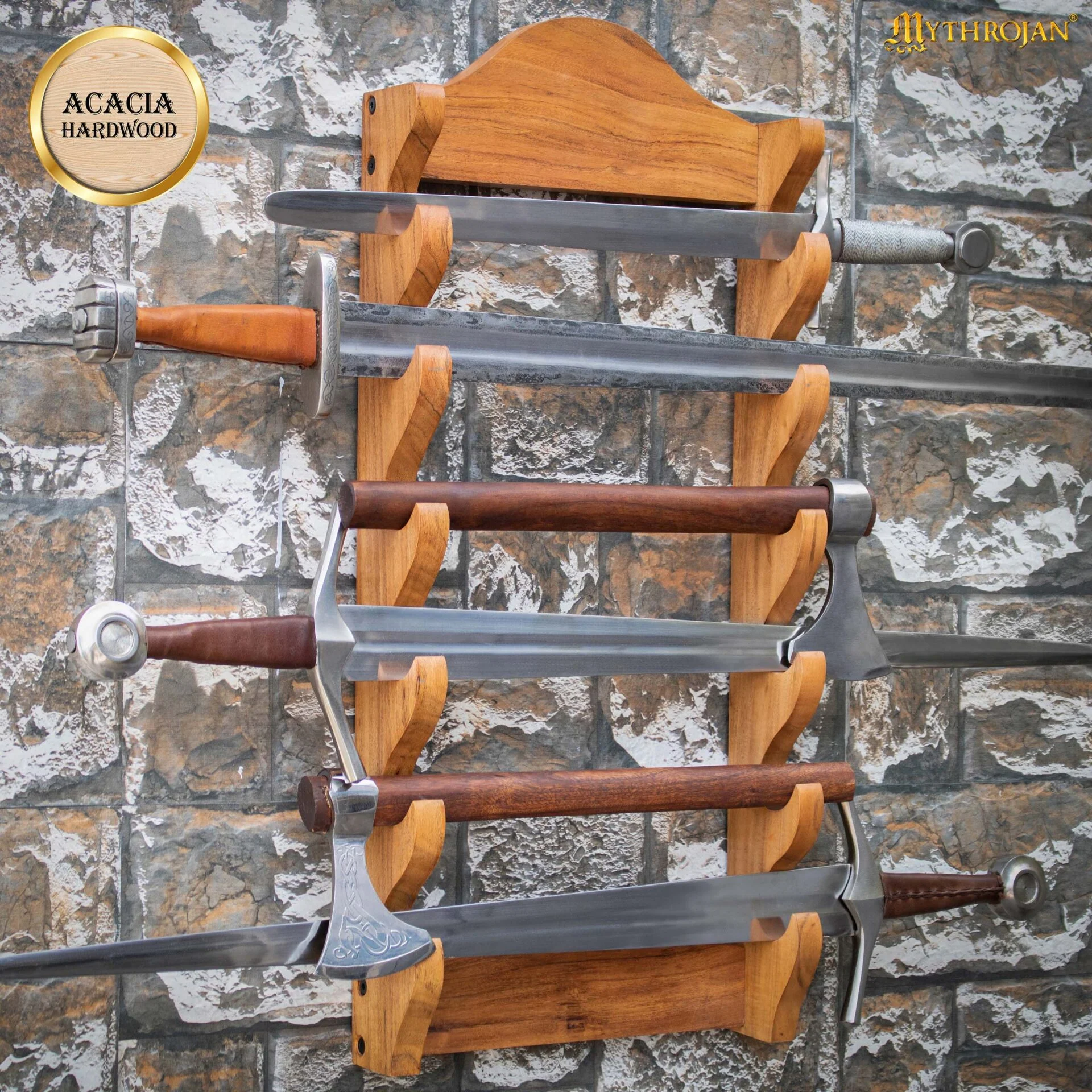 Soporte de Madera para Espadas de Un Nivel | Estante de Madera Maciza con Acabado Natural | Exposición de Armas Medievales y Victorianas - Image 8