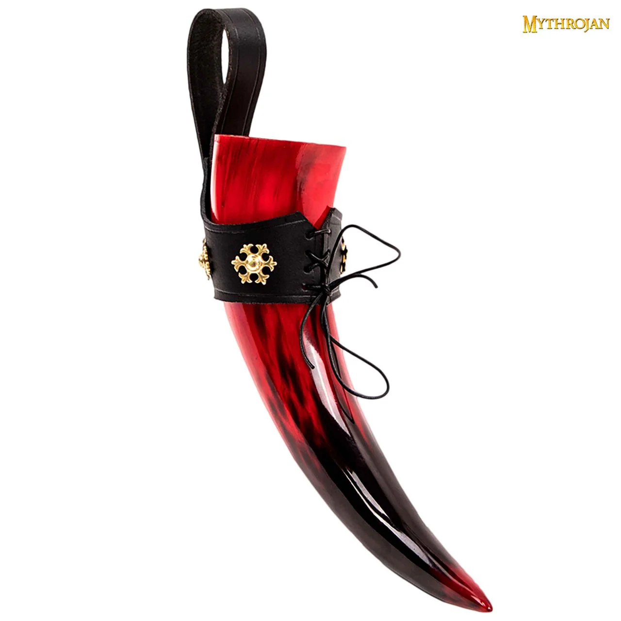 Taza Medieval para Beber Hidromiel 400ml Rojo Vikingo Cuerno de Buey con Soporte de Cuero Negro Pulido - Image 2