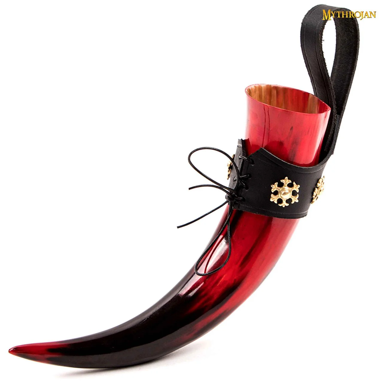 Taza Medieval para Beber Hidromiel 400ml Rojo Vikingo Cuerno de Buey con Soporte de Cuero Negro Pulido - Image 7