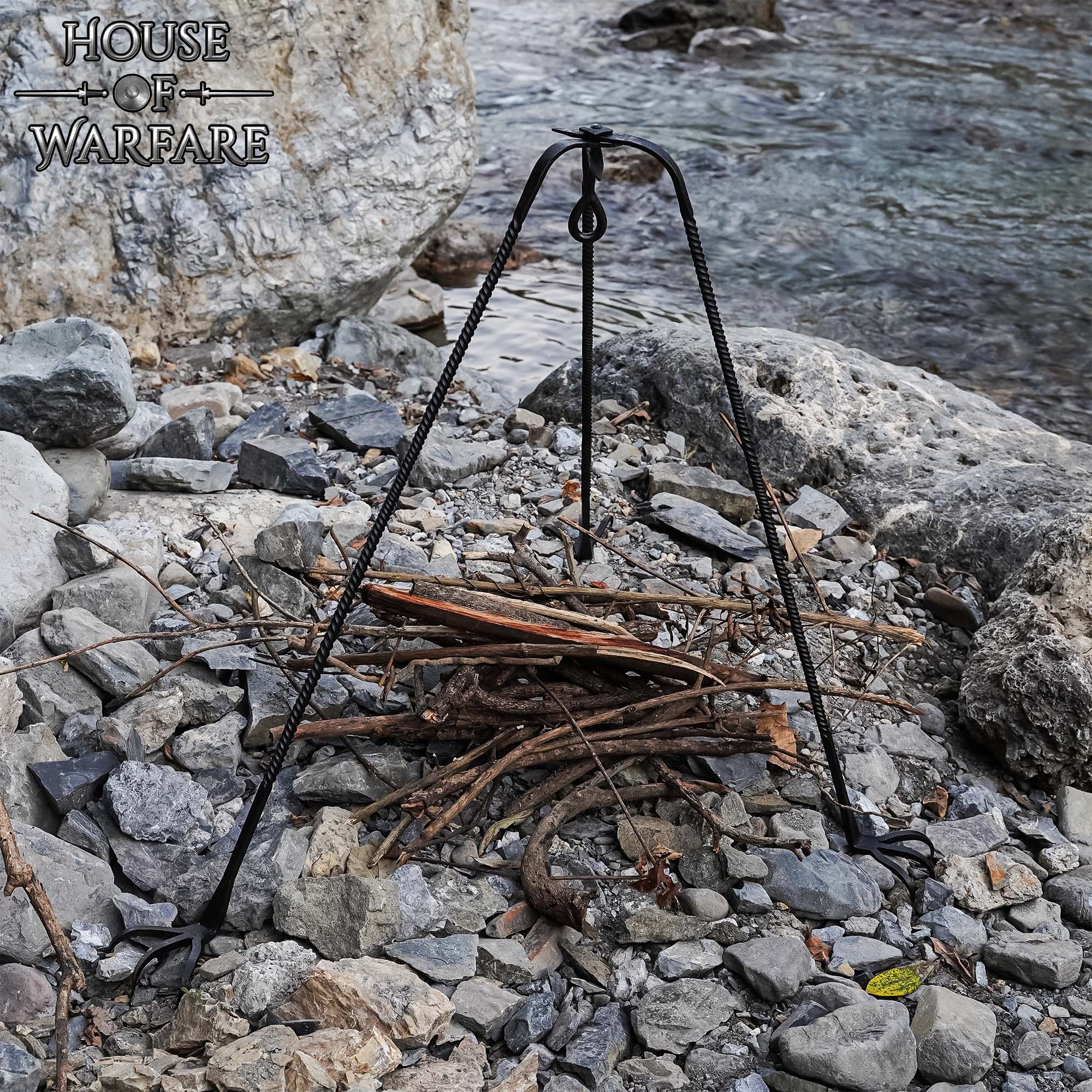 Trípode de Cocina de Hierro Medieval Forjado a Mano - Acabado en Negro Soporte de Hoguera para Cocinar Al Aire Libre